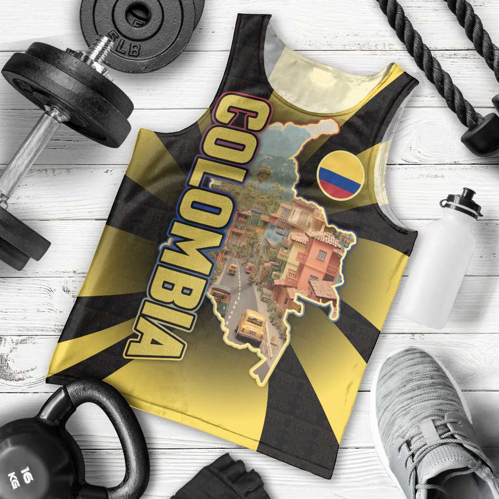 Colombia Heritage Men Tank Top with Yellow Black Flag Map and City Street Art - Wonder Print Shop