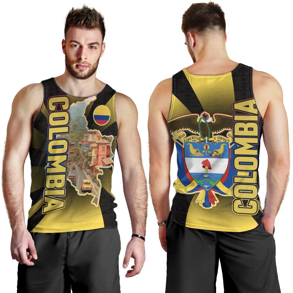 Colombia Heritage Men Tank Top with Yellow Black Flag Map and City Street Art - Wonder Print Shop