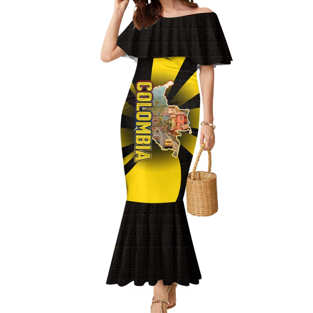 Colombia Heritage Mermaid Dress with Yellow Black Flag Map and City Street Art - Wonder Print Shop