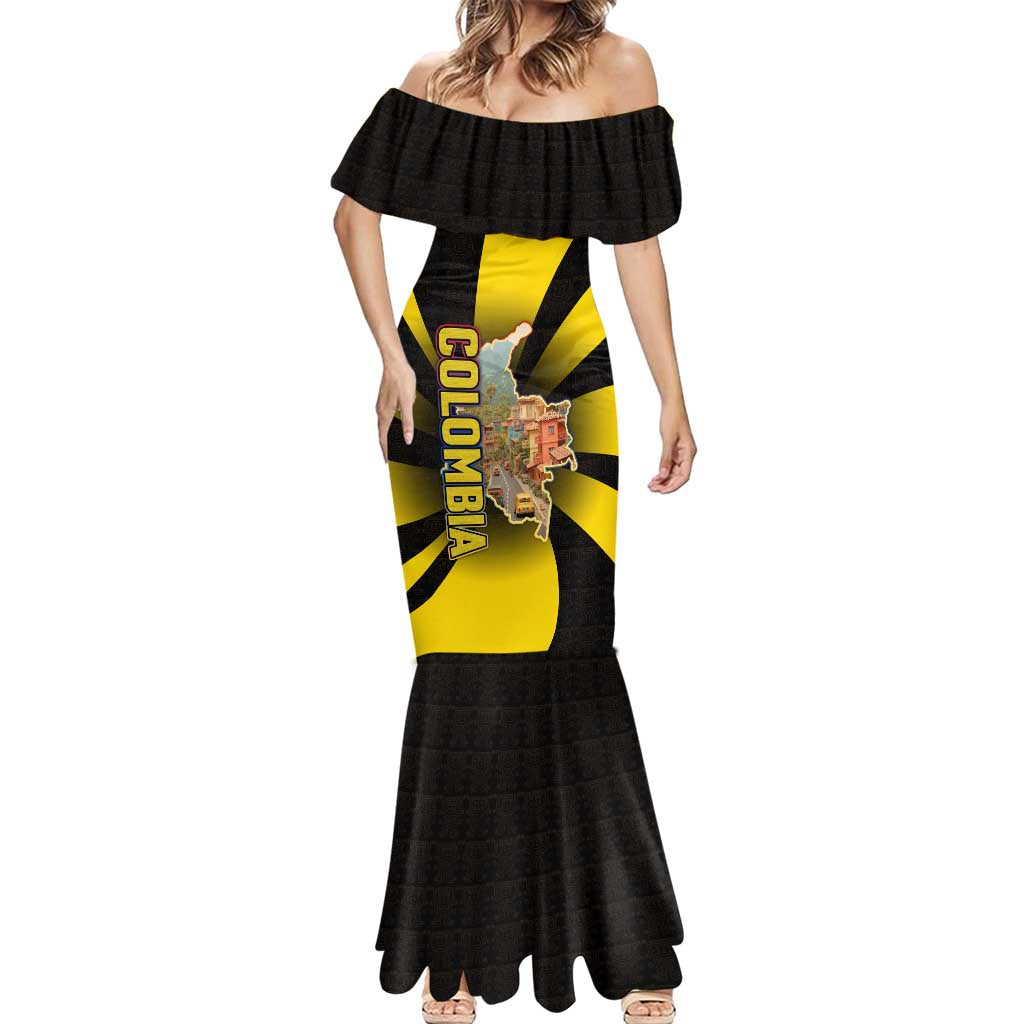 Colombia Heritage Mermaid Dress with Yellow Black Flag Map and City Street Art - Wonder Print Shop