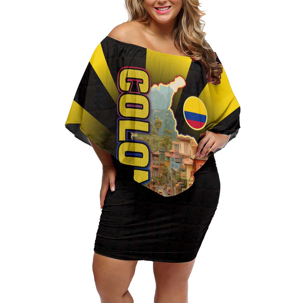 Colombia Heritage Off Shoulder Short Dress with Yellow Black Flag Map and City Street Art - Wonder Print Shop