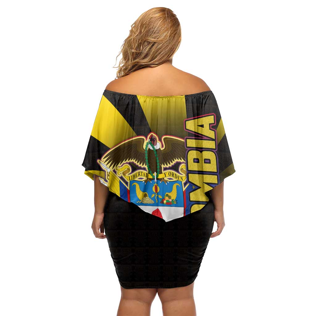 Colombia Heritage Off Shoulder Short Dress with Yellow Black Flag Map and City Street Art - Wonder Print Shop