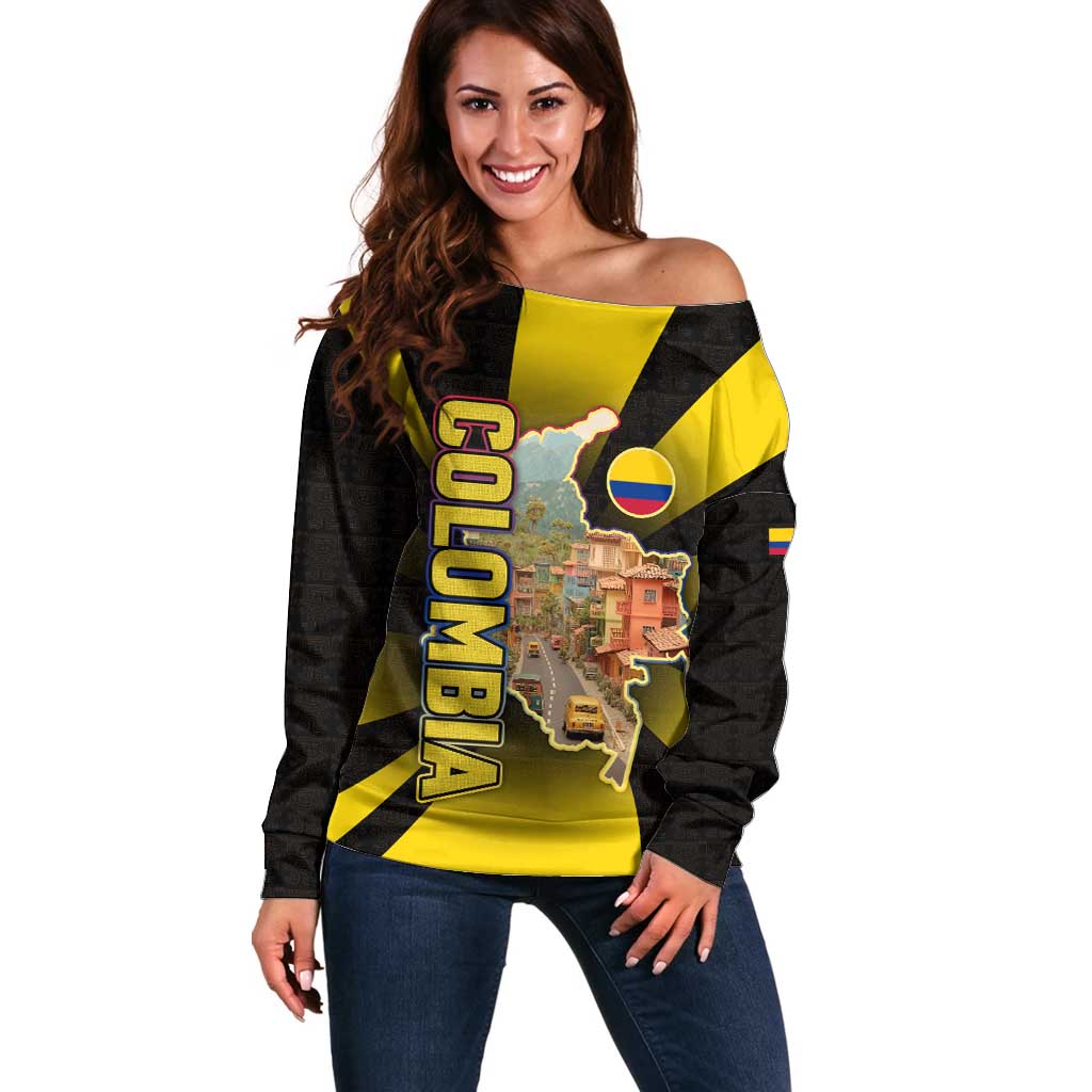 Colombia Heritage Off Shoulder Sweater with Yellow Black Flag Map and City Street Art - Wonder Print Shop