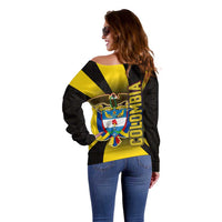 Colombia Heritage Off Shoulder Sweater with Yellow Black Flag Map and City Street Art - Wonder Print Shop