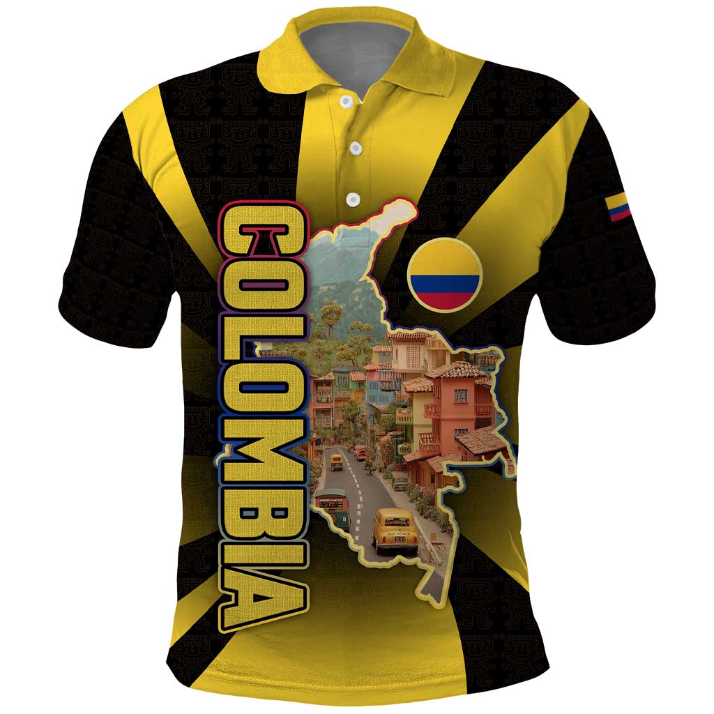 Colombia Heritage Polo Shirt with Yellow Black Flag Map and City Street Art - Wonder Print Shop