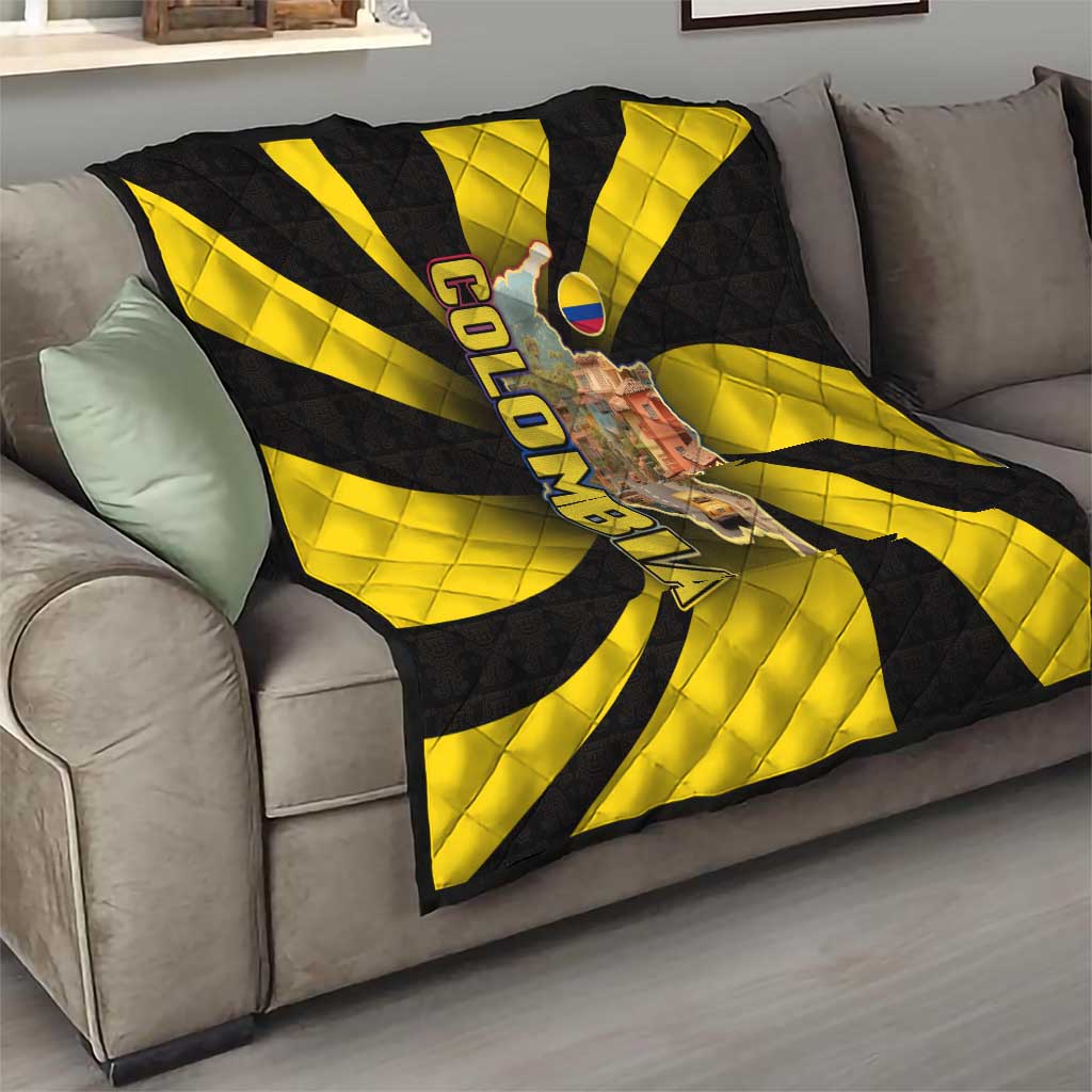 Colombia Heritage Quilt with Yellow Black Flag Map and City Street Art - Wonder Print Shop