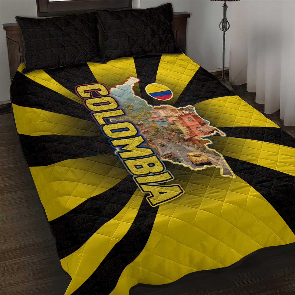 Colombia Heritage Quilt Bed Set with Yellow Black Flag Map and City Street Art - Wonder Print Shop