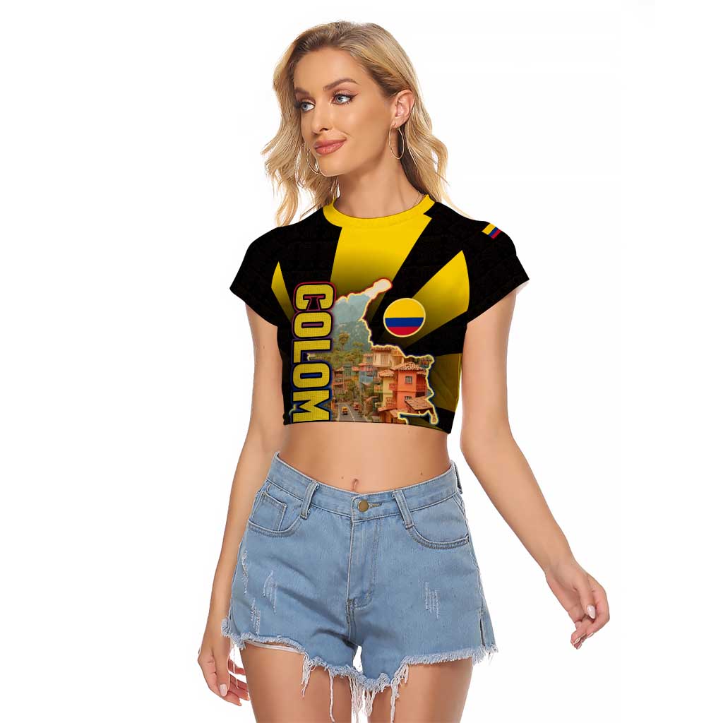 Colombia Heritage Raglan Cropped T Shirt with Yellow Black Flag Map and City Street Art - Wonder Print Shop