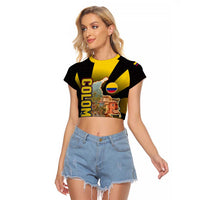 Colombia Heritage Raglan Cropped T Shirt with Yellow Black Flag Map and City Street Art - Wonder Print Shop
