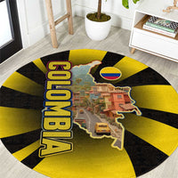 Colombia Heritage Round Carpet with Yellow Black Flag Map and City Street Art - Wonder Print Shop