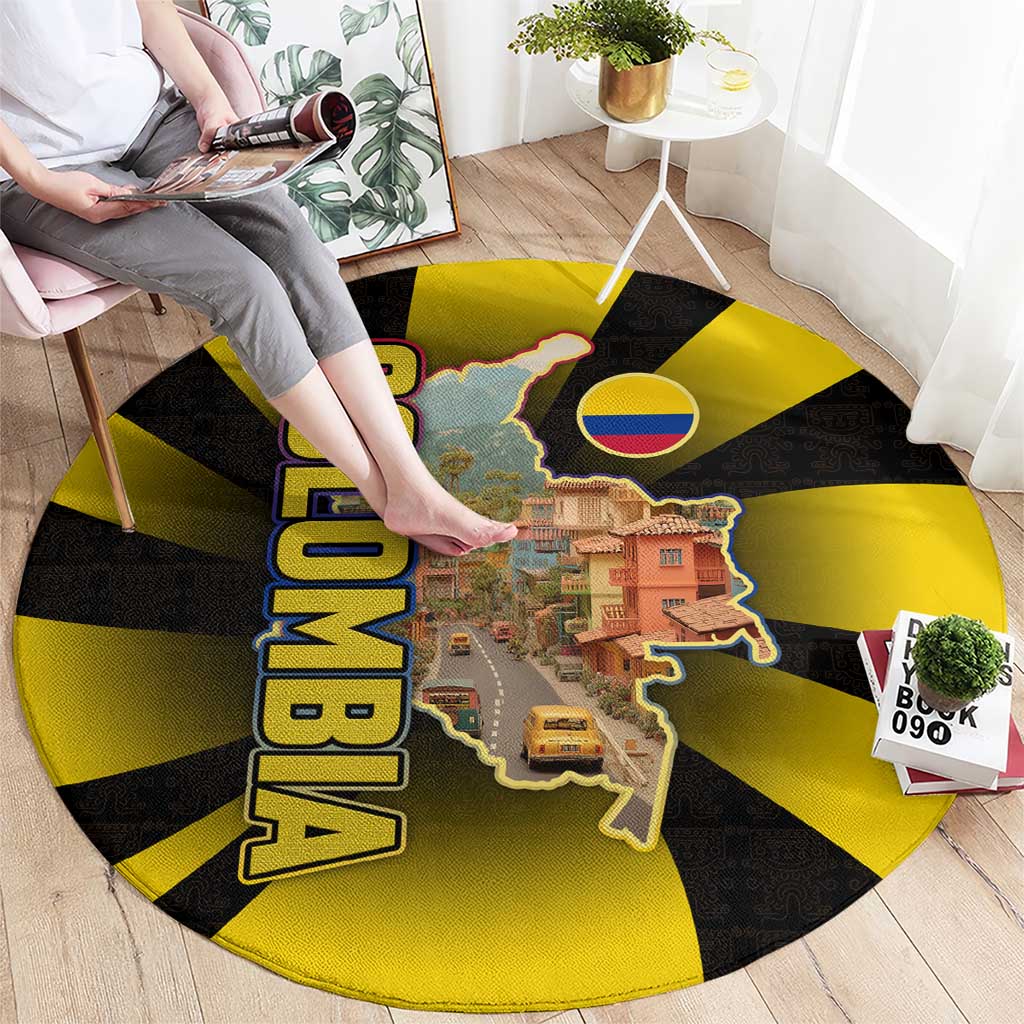 Colombia Heritage Round Carpet with Yellow Black Flag Map and City Street Art - Wonder Print Shop