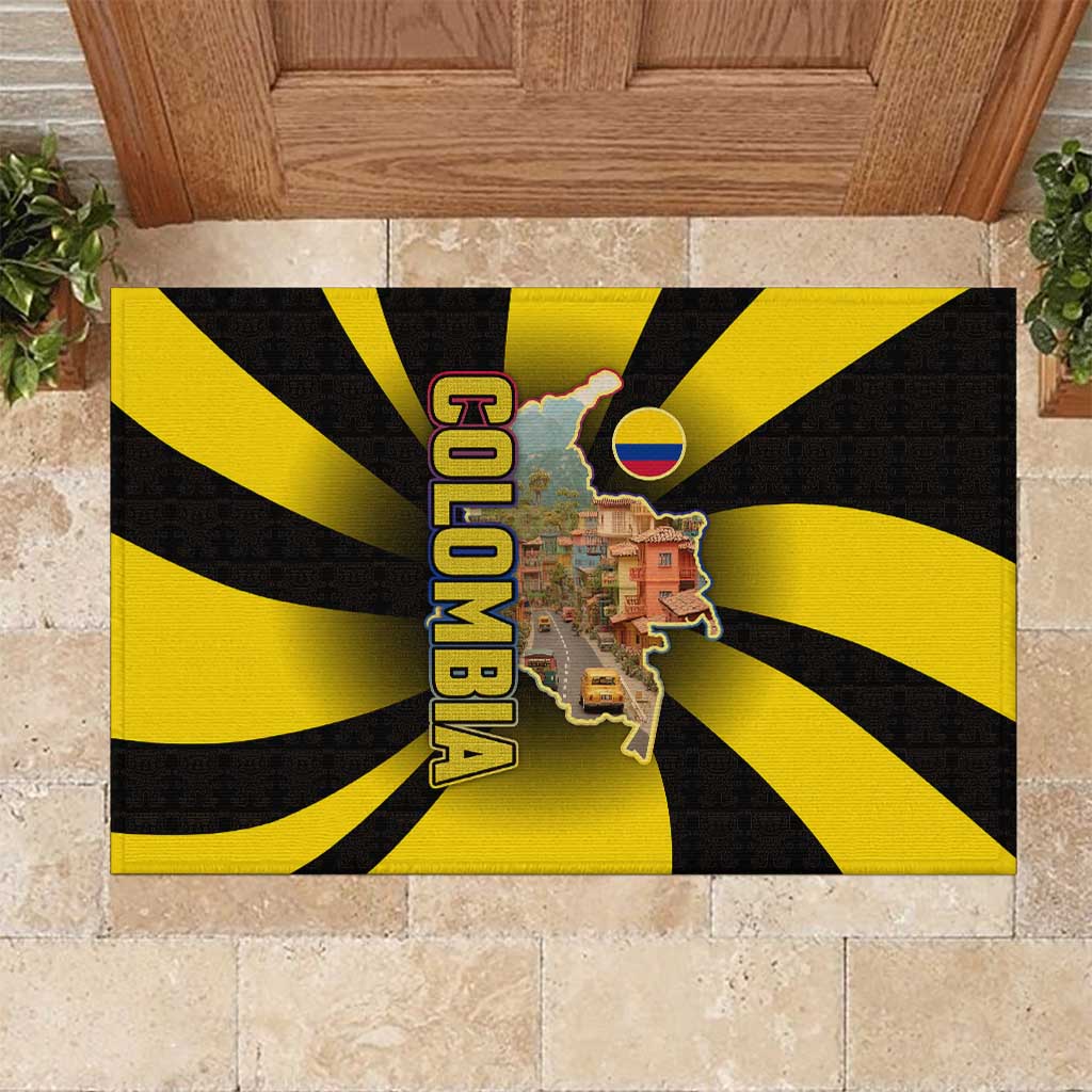 Colombia Heritage Rubber Doormat with Yellow Black Flag Map and City Street Art - Wonder Print Shop