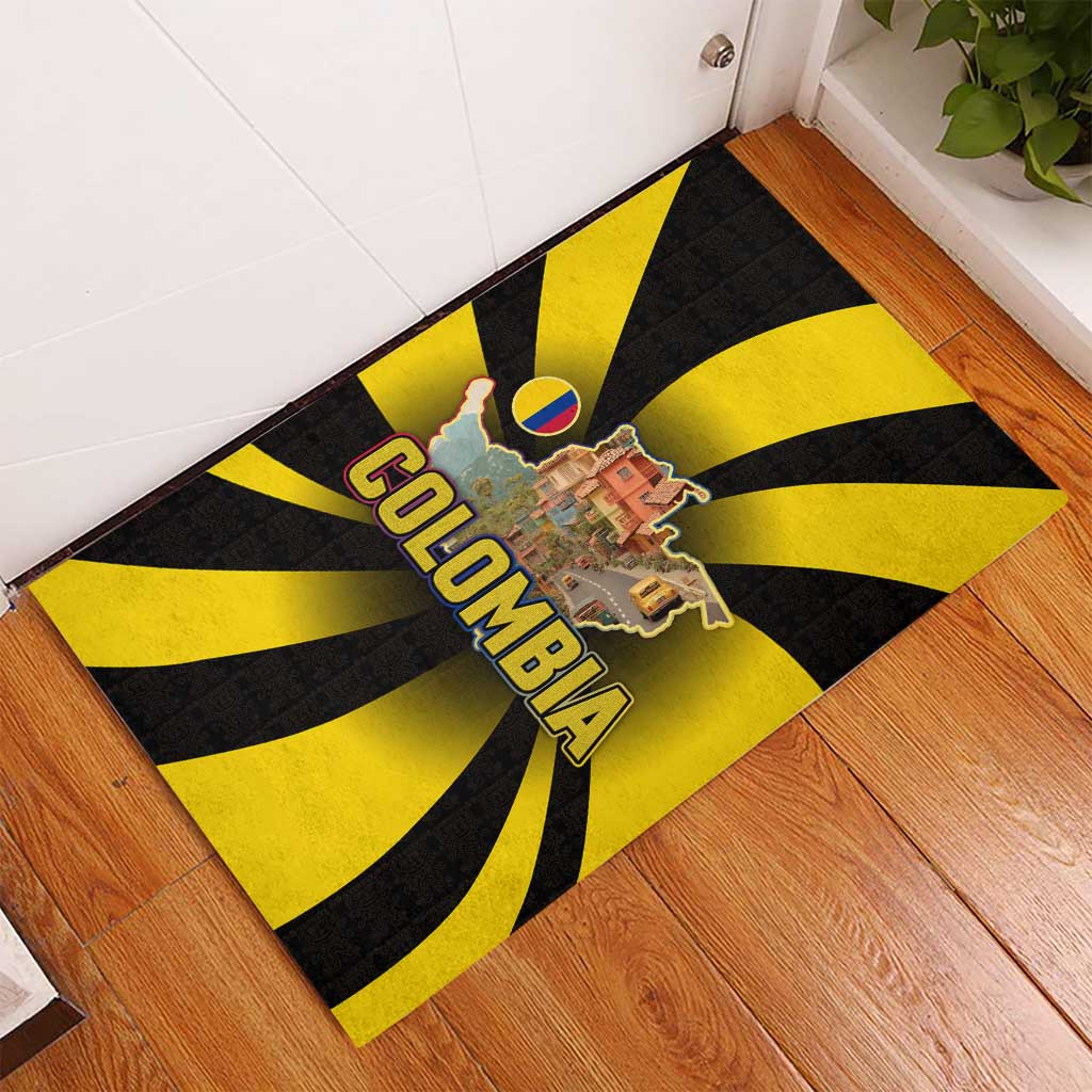 Colombia Heritage Rubber Doormat with Yellow Black Flag Map and City Street Art - Wonder Print Shop