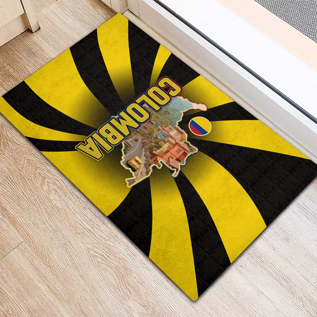 Colombia Heritage Rubber Doormat with Yellow Black Flag Map and City Street Art - Wonder Print Shop