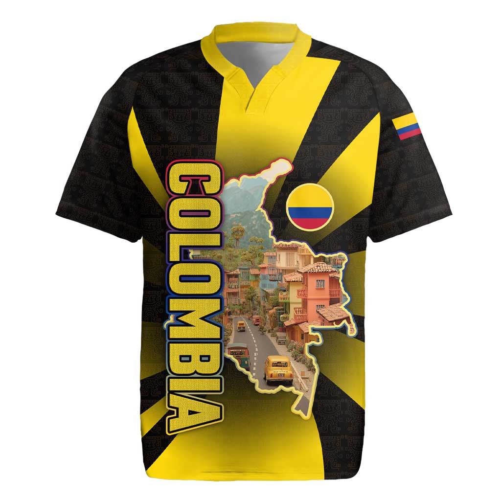 Colombia Heritage Rugby Jersey with Yellow Black Flag Map and City Street Art - Wonder Print Shop