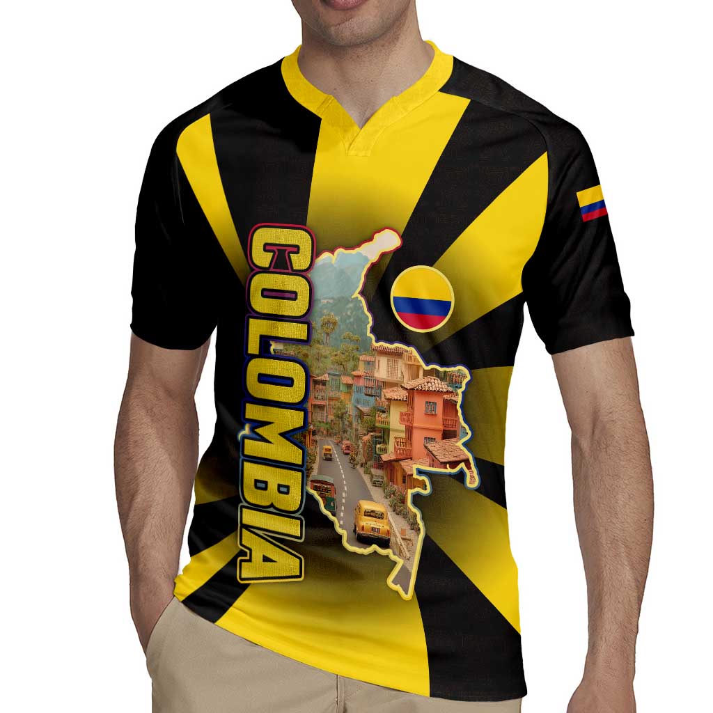 Colombia Heritage Rugby Jersey with Yellow Black Flag Map and City Street Art - Wonder Print Shop