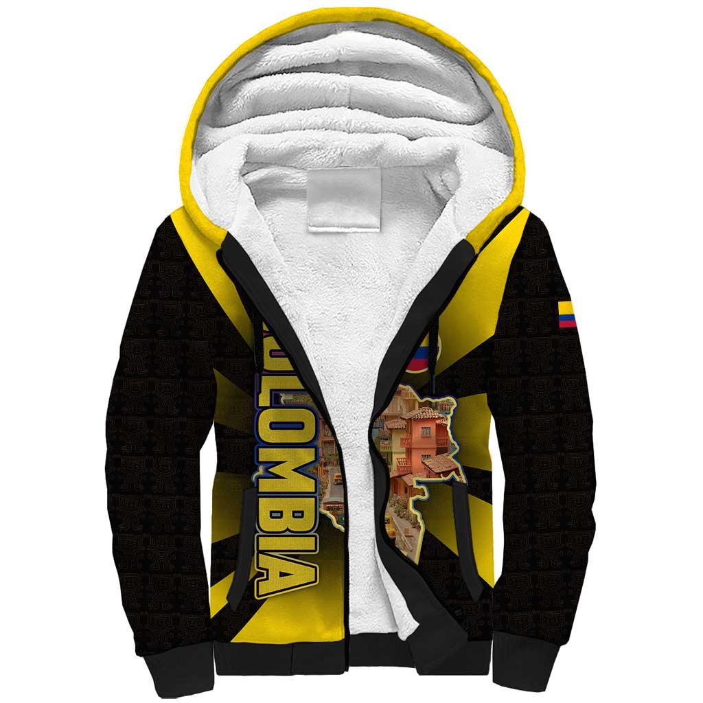Colombia Heritage Sherpa Hoodie with Yellow Black Flag Map and City Street Art - Wonder Print Shop