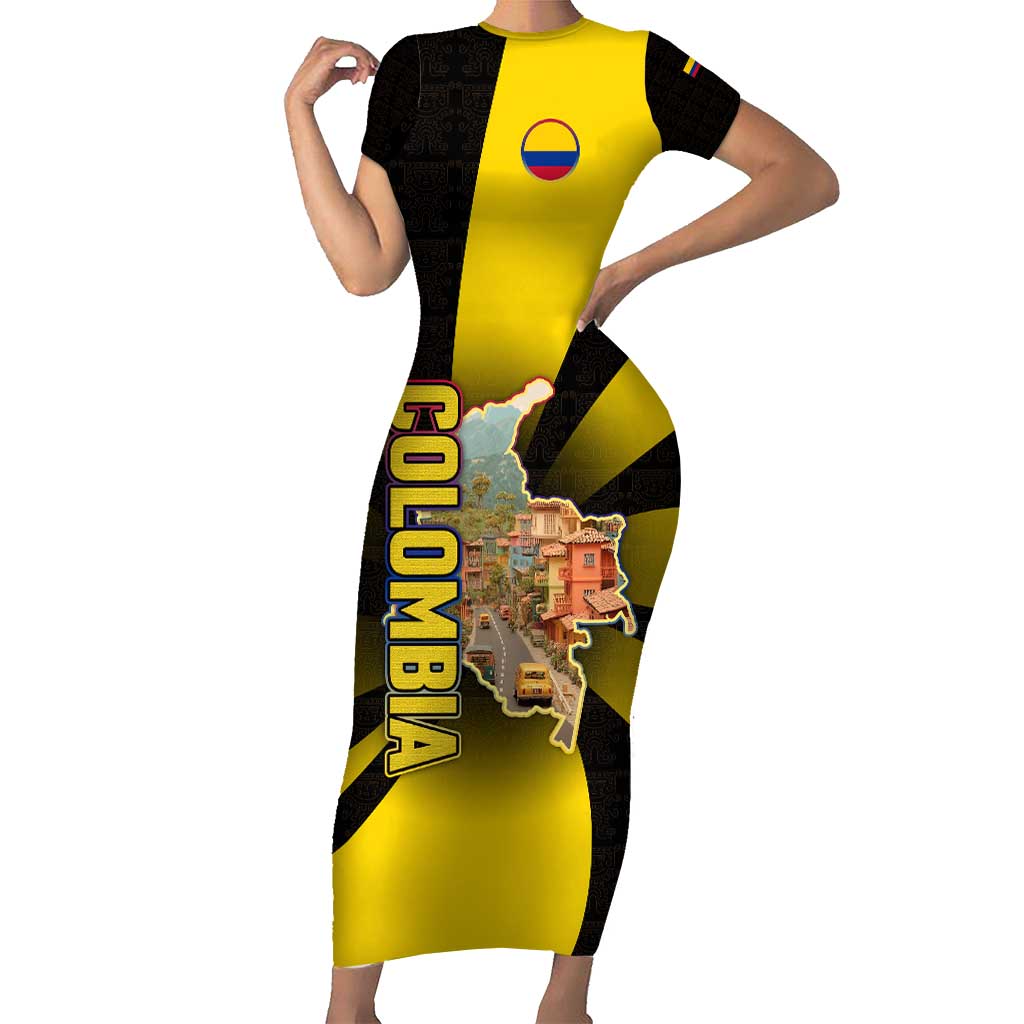 Colombia Heritage Short Sleeve Bodycon Dress with Yellow Black Flag Map and City Street Art - Wonder Print Shop