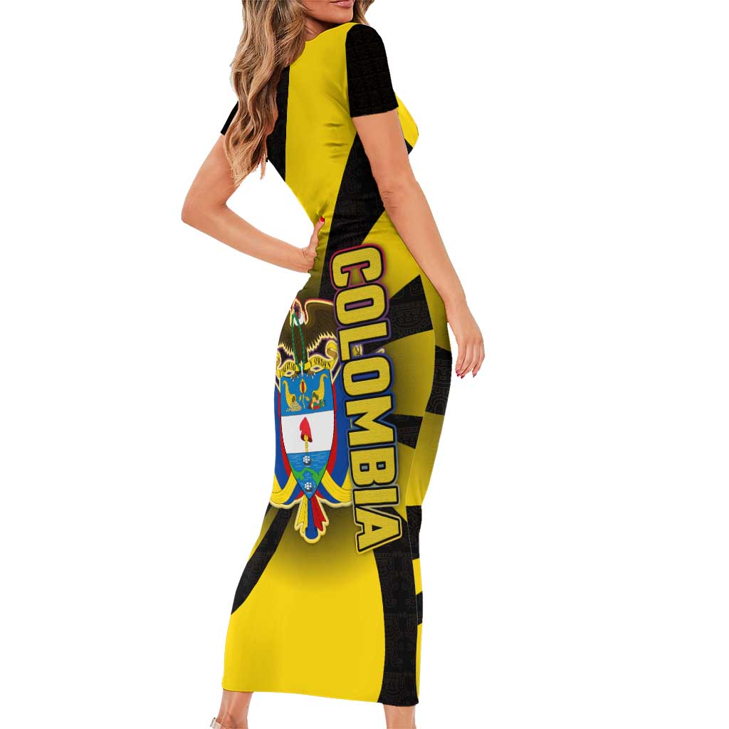 Colombia Heritage Short Sleeve Bodycon Dress with Yellow Black Flag Map and City Street Art - Wonder Print Shop