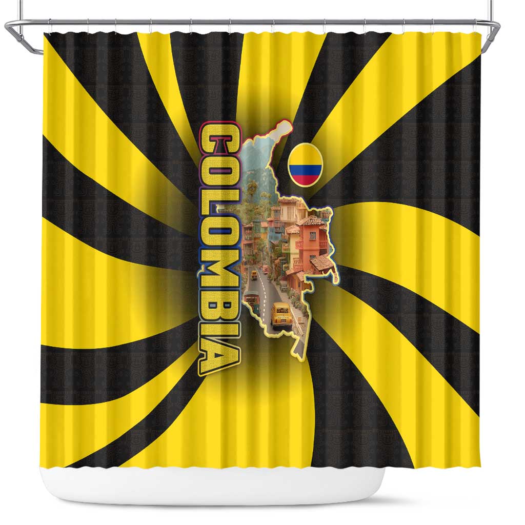 Colombia Heritage Shower Curtain with Yellow Black Flag Map and City Street Art - Wonder Print Shop