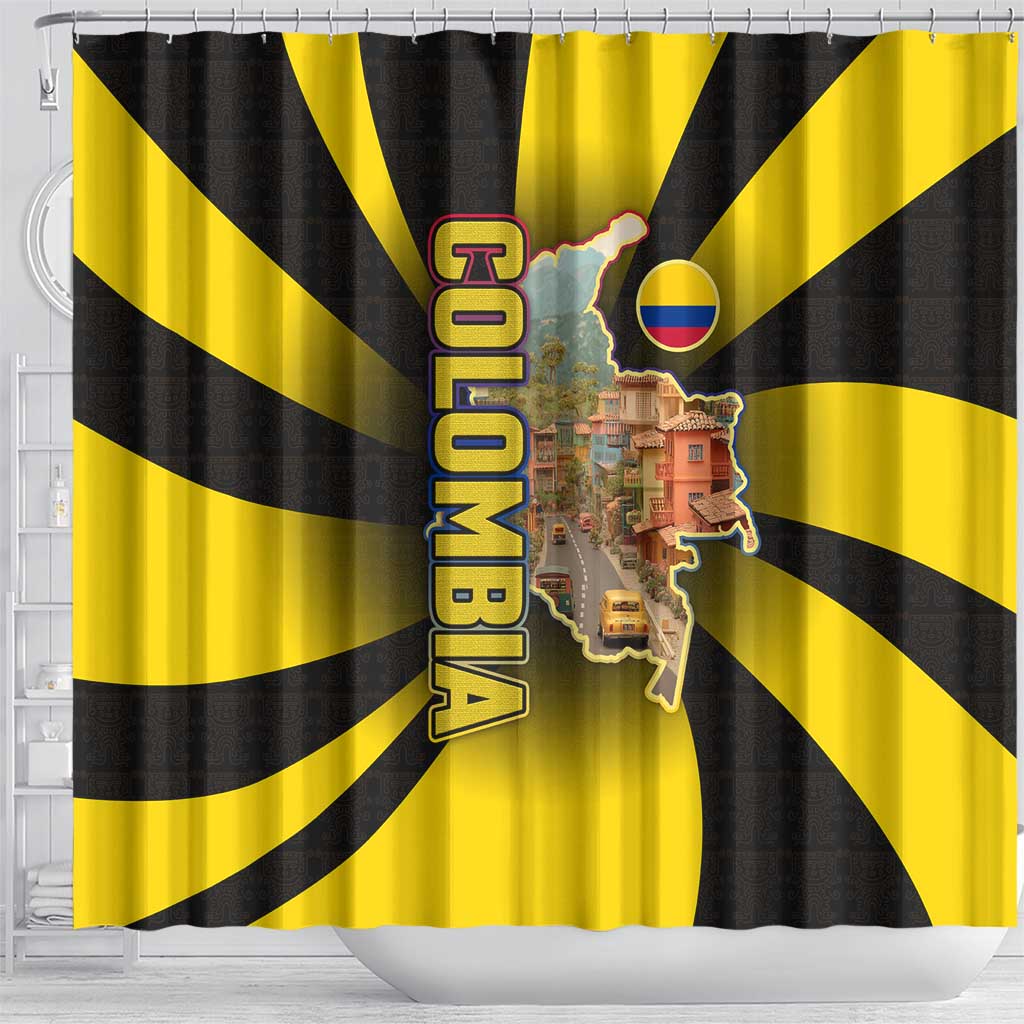 Colombia Heritage Shower Curtain with Yellow Black Flag Map and City Street Art - Wonder Print Shop