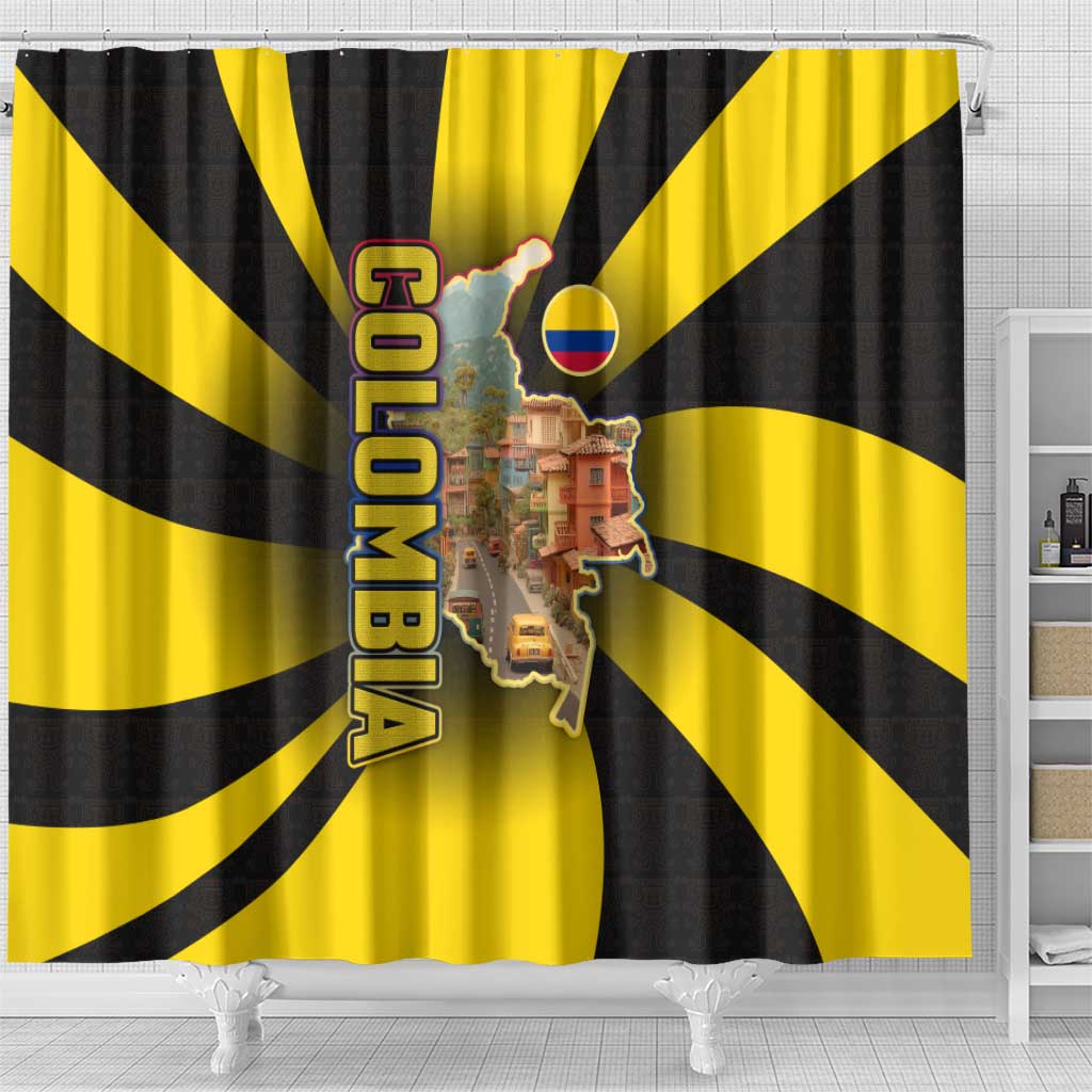 Colombia Heritage Shower Curtain with Yellow Black Flag Map and City Street Art - Wonder Print Shop