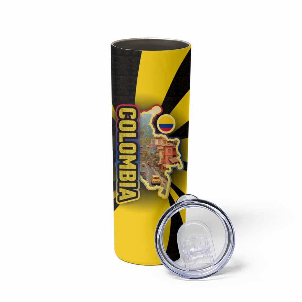 Colombia Heritage Skinny Tumbler with Yellow Black Flag Map and City Street Art - Wonder Print Shop