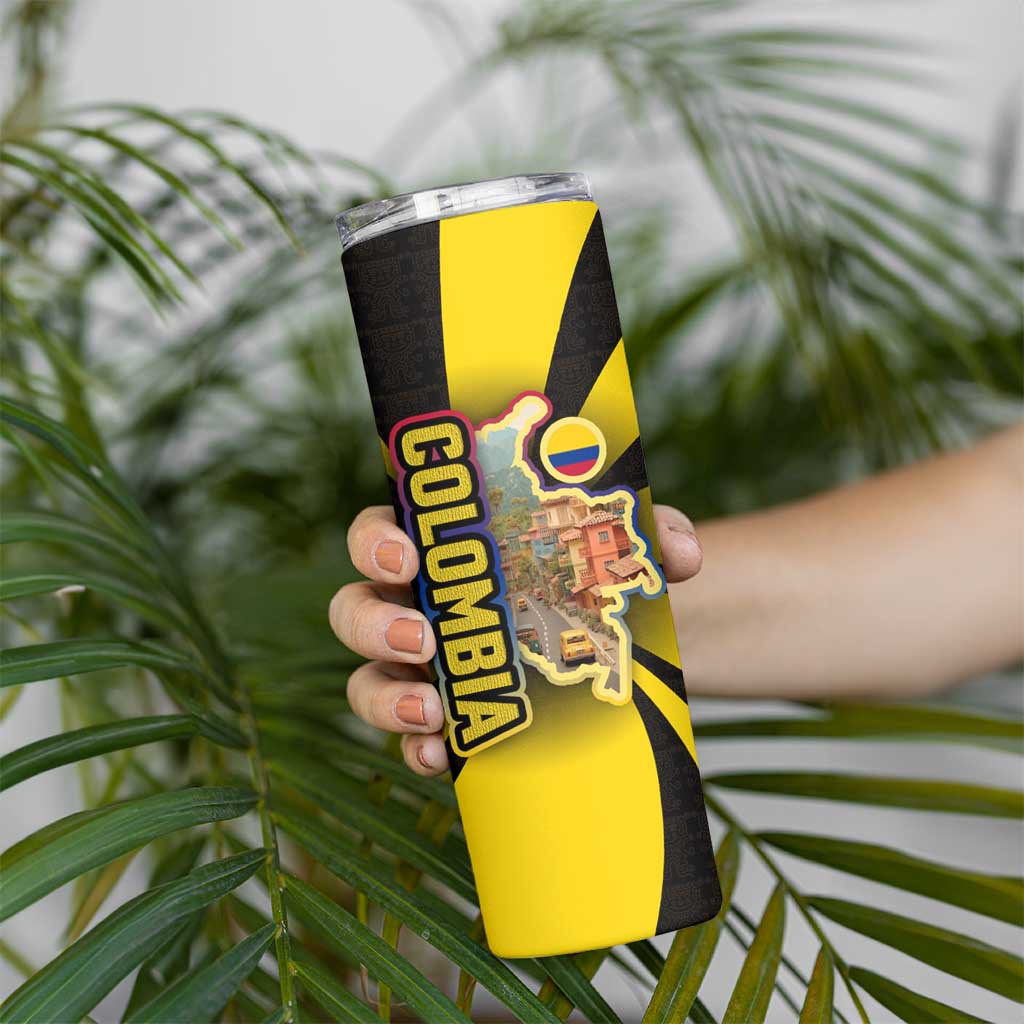 Colombia Heritage Skinny Tumbler with Yellow Black Flag Map and City Street Art - Wonder Print Shop