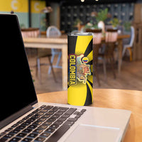 Colombia Heritage Skinny Tumbler with Yellow Black Flag Map and City Street Art - Wonder Print Shop