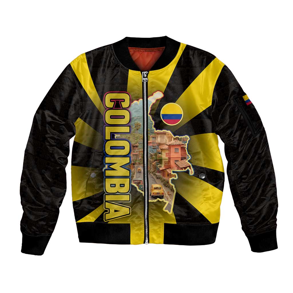 Colombia Heritage Sleeve Zip Bomber Jacket with Yellow Black Flag Map and City Street Art - Wonder Print Shop
