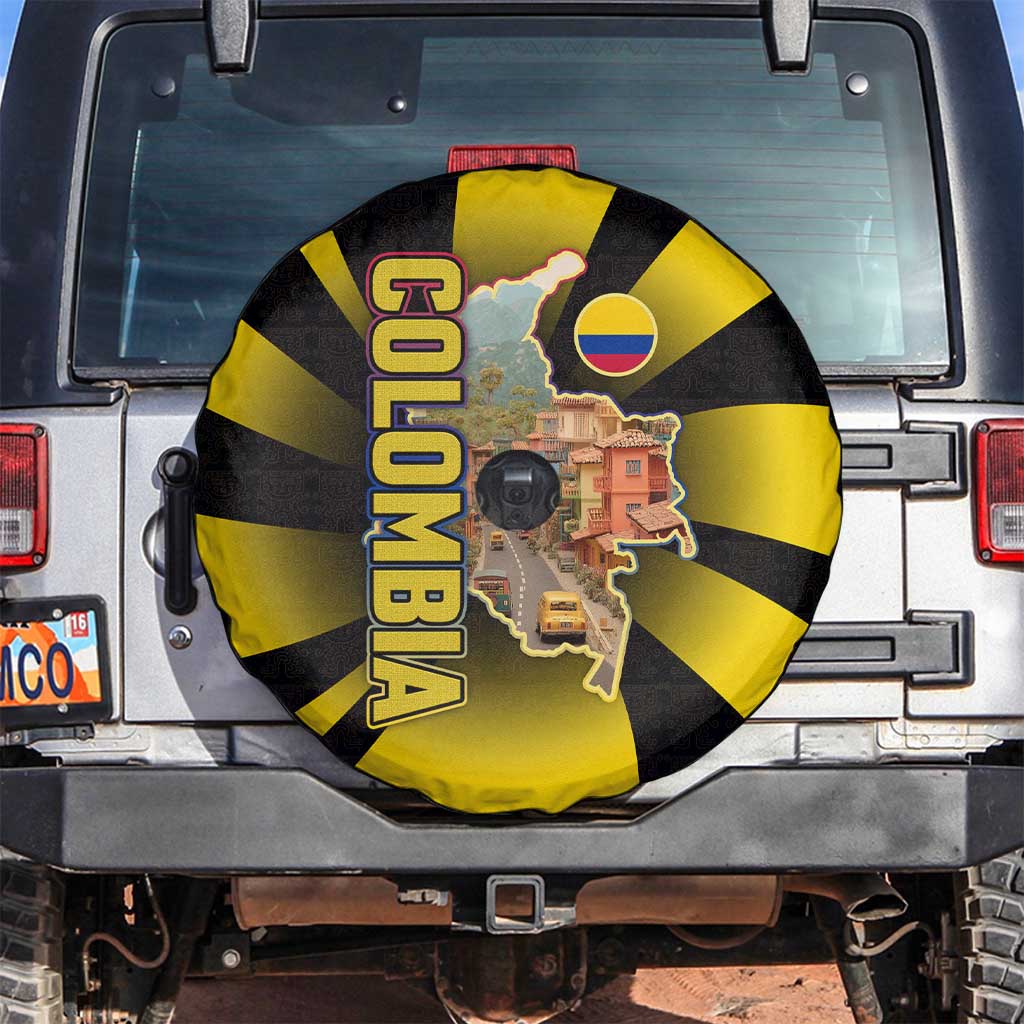 Colombia Heritage Spare Tire Cover with Yellow Black Flag Map and City Street Art - Wonder Print Shop