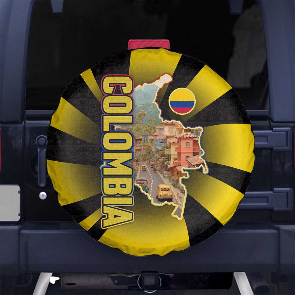 Colombia Heritage Spare Tire Cover with Yellow Black Flag Map and City Street Art - Wonder Print Shop