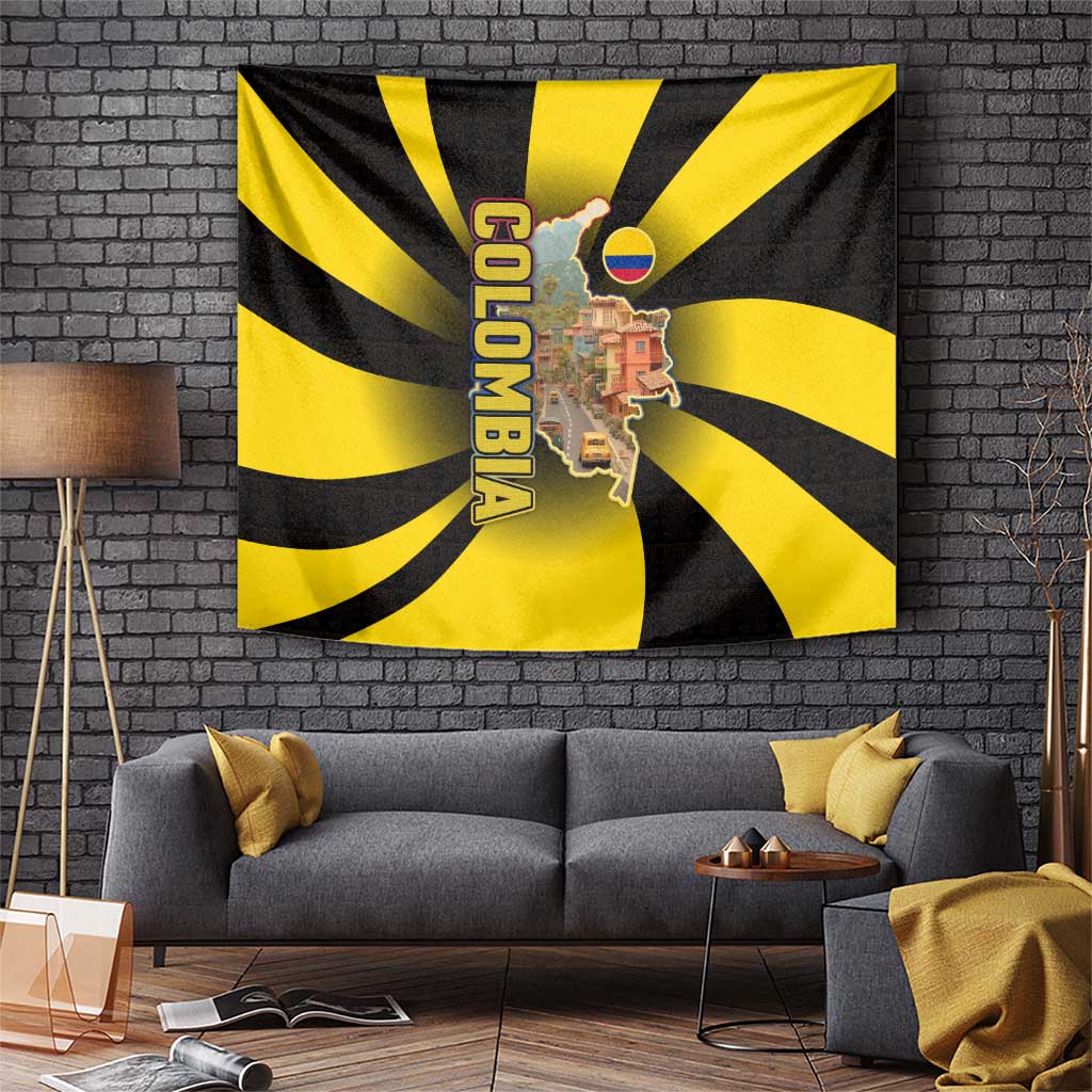 Colombia Heritage Tapestry with Yellow Black Flag Map and City Street Art - Wonder Print Shop