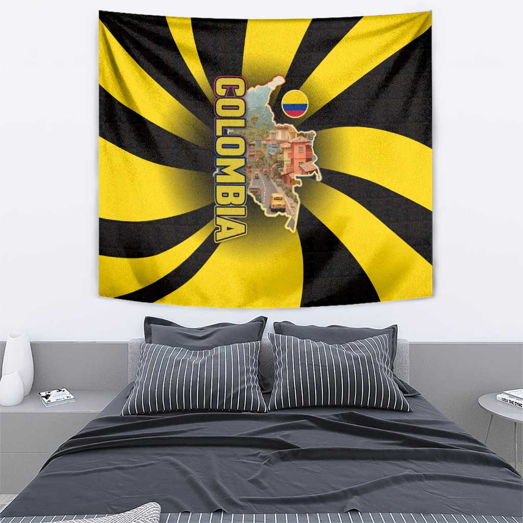 Colombia Heritage Tapestry with Yellow Black Flag Map and City Street Art - Wonder Print Shop