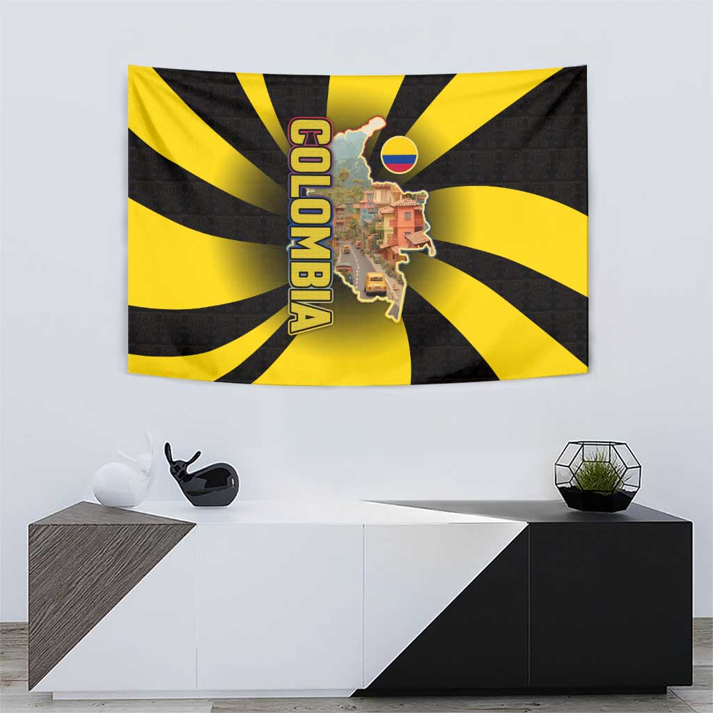 Colombia Heritage Tapestry with Yellow Black Flag Map and City Street Art - Wonder Print Shop