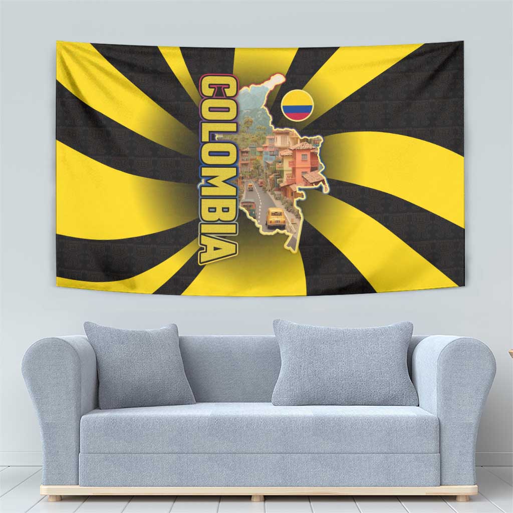 Colombia Heritage Tapestry with Yellow Black Flag Map and City Street Art - Wonder Print Shop