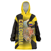 Colombia Heritage Wearable Blanket Hoodie with Yellow Black Flag Map and City Street Art - Wonder Print Shop