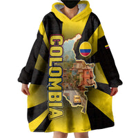 Colombia Heritage Wearable Blanket Hoodie with Yellow Black Flag Map and City Street Art - Wonder Print Shop