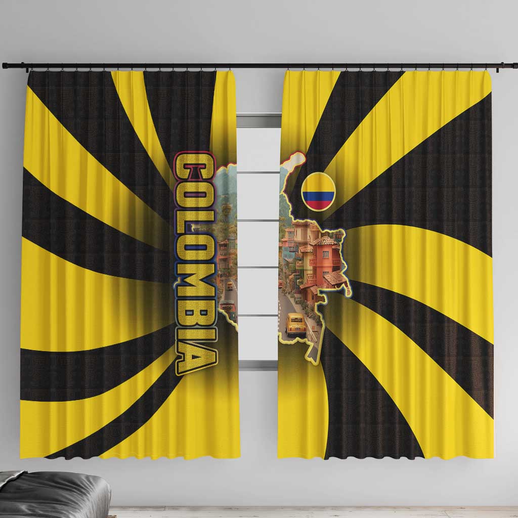 Colombia Heritage Window Curtain with Yellow Black Flag Map and City Street Art - Wonder Print Shop