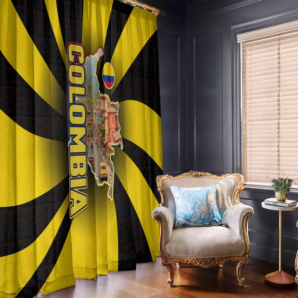 Colombia Heritage Window Curtain with Yellow Black Flag Map and City Street Art - Wonder Print Shop