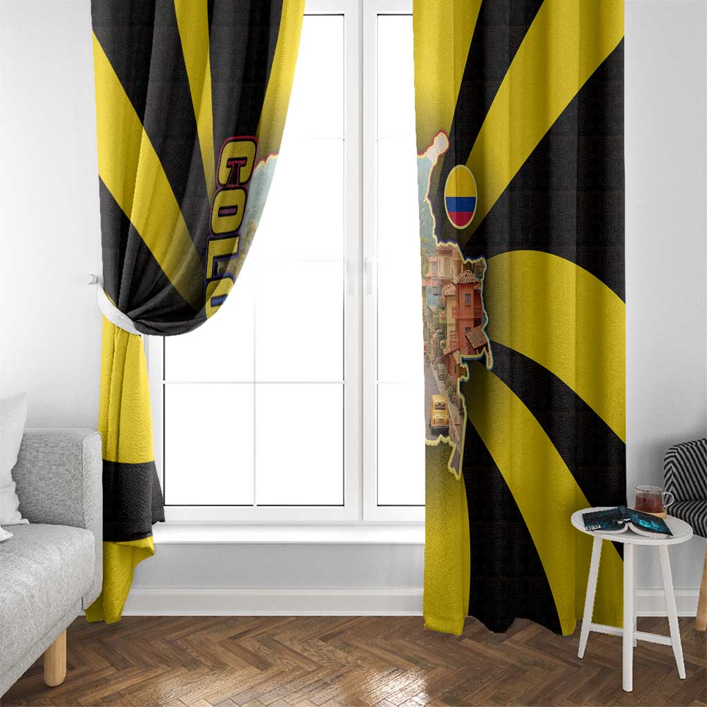 Colombia Heritage Window Curtain with Yellow Black Flag Map and City Street Art - Wonder Print Shop