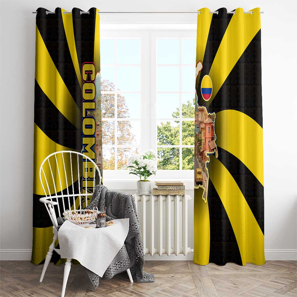 Colombia Heritage Window Curtain with Yellow Black Flag Map and City Street Art - Wonder Print Shop