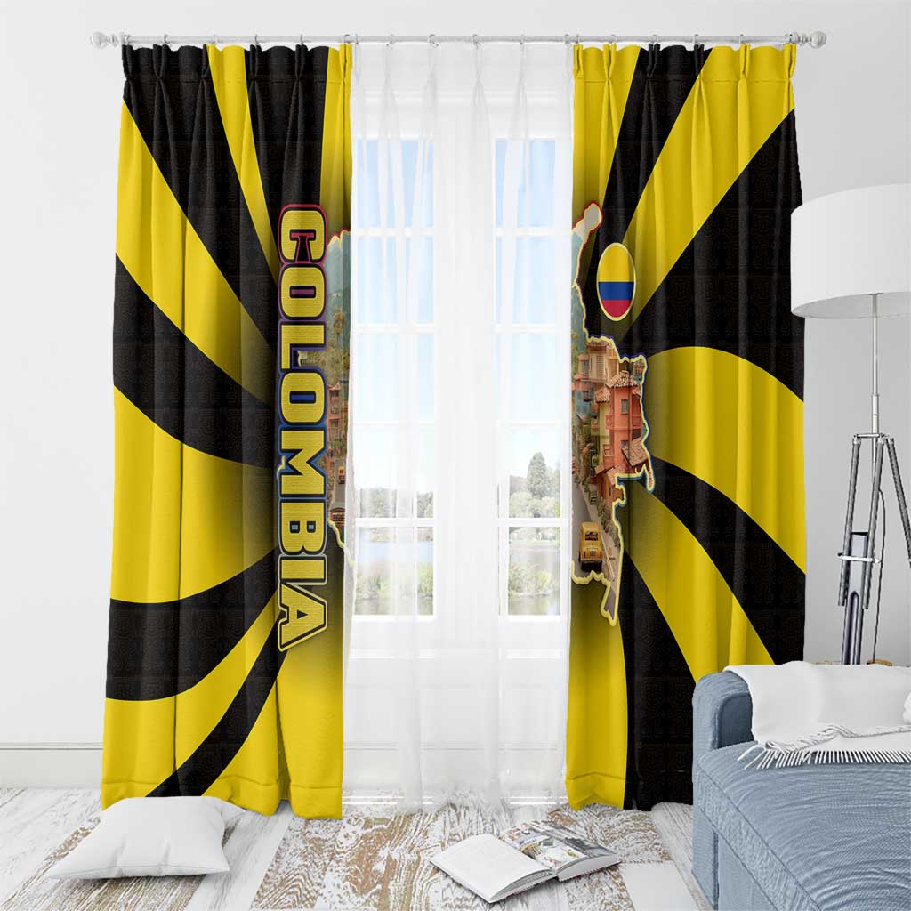 Colombia Heritage Window Curtain with Yellow Black Flag Map and City Street Art - Wonder Print Shop