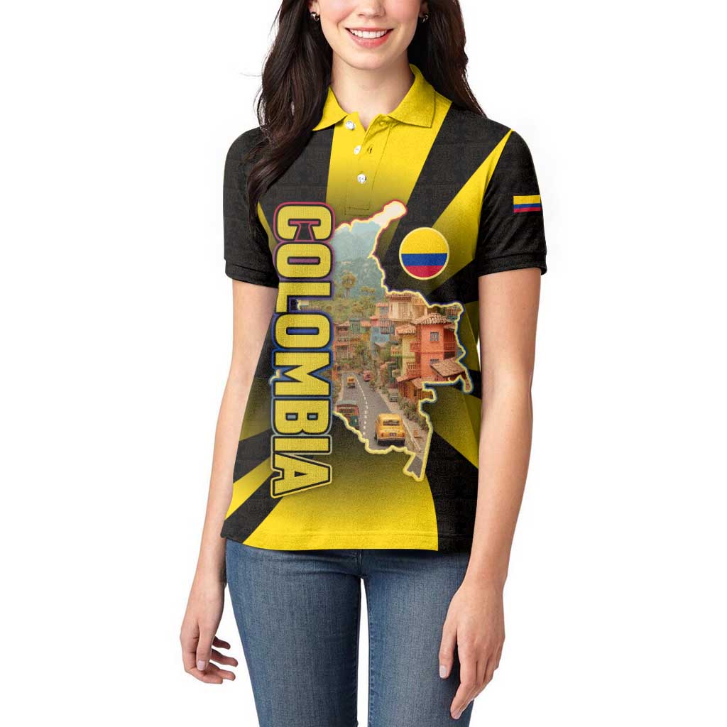 Colombia Heritage Women Polo Shirt with Yellow Black Flag Map and City Street Art - Wonder Print Shop