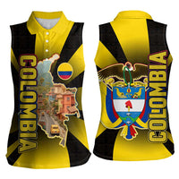 Colombia Heritage Women Sleeveless Polo Shirt with Yellow Black Flag Map and City Street Art - Wonder Print Shop