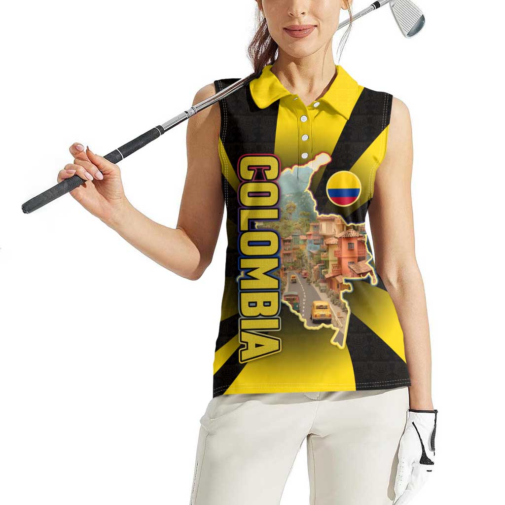 Colombia Heritage Women Sleeveless Polo Shirt with Yellow Black Flag Map and City Street Art - Wonder Print Shop