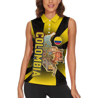 Colombia Heritage Women Sleeveless Polo Shirt with Yellow Black Flag Map and City Street Art - Wonder Print Shop
