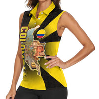 Colombia Heritage Women Sleeveless Polo Shirt with Yellow Black Flag Map and City Street Art - Wonder Print Shop
