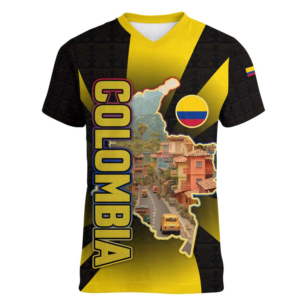 Colombia Heritage Women V-Neck T-Shirt with Yellow Black Flag Map and City Street Art - Wonder Print Shop
