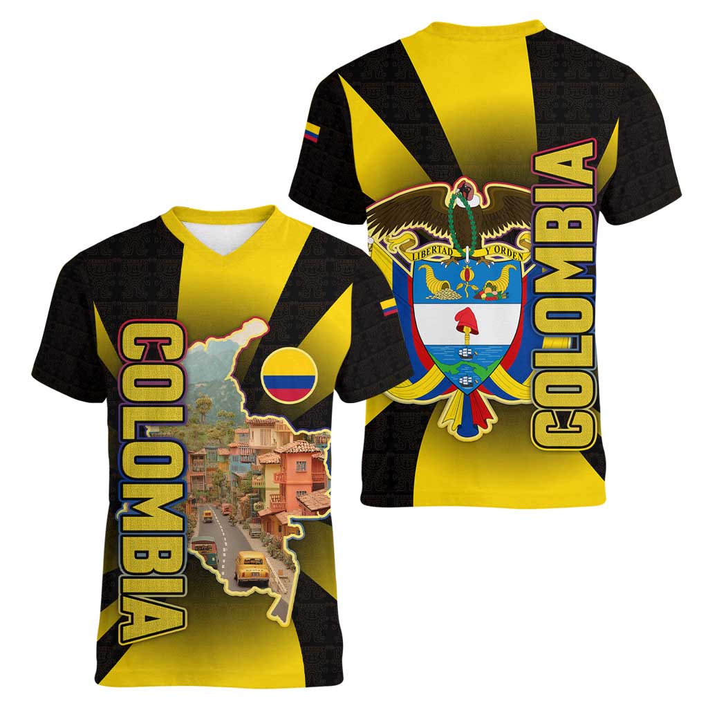 Colombia Heritage Women V-Neck T-Shirt with Yellow Black Flag Map and City Street Art - Wonder Print Shop